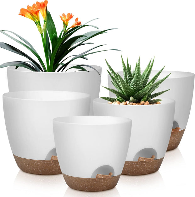 Self-Watering Plant Pot Set - 5 Sizes (10, 9, 8, 7.5, 7 Inch) with Saucers｜Indoor & Outdoor Plastic Planter with Drainage Holes｜Ideal for Houseplants, Herbs, and Flowers