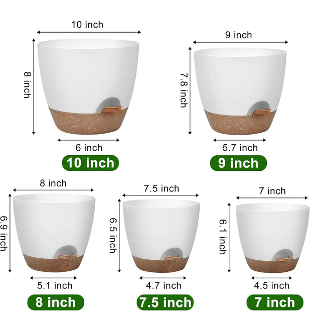 Self-Watering Plant Pot Set - 5 Sizes (10, 9, 8, 7.5, 7 Inch) with Saucers｜Indoor & Outdoor Plastic Planter with Drainage Holes｜Ideal for Houseplants, Herbs, and Flowers
