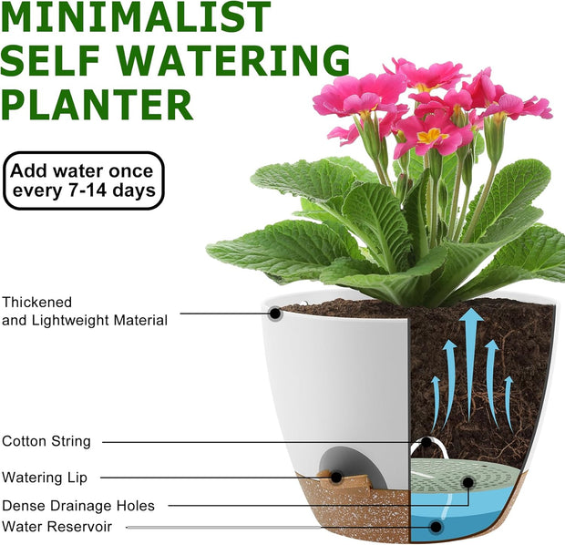 Self-Watering Plant Pot Set - 5 Sizes (10, 9, 8, 7.5, 7 Inch) with Saucers｜Indoor & Outdoor Plastic Planter with Drainage Holes｜Ideal for Houseplants, Herbs, and Flowers