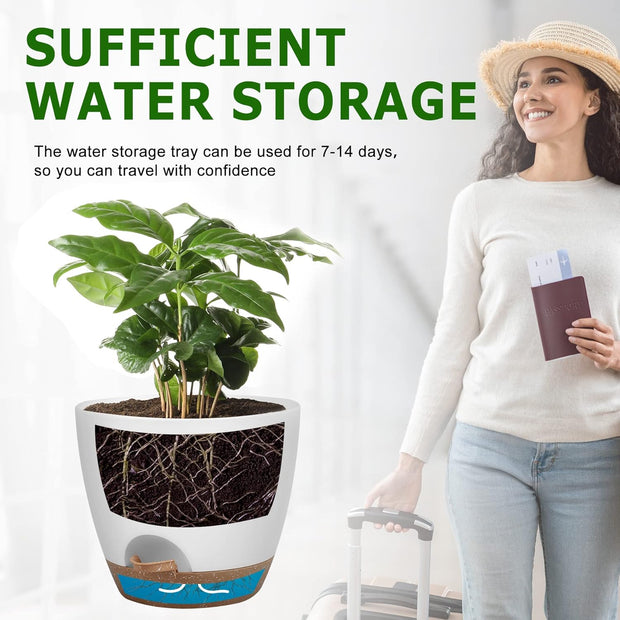 Self-Watering Plant Pot Set - 5 Sizes (10, 9, 8, 7.5, 7 Inch) with Saucers｜Indoor & Outdoor Plastic Planter with Drainage Holes｜Ideal for Houseplants, Herbs, and Flowers